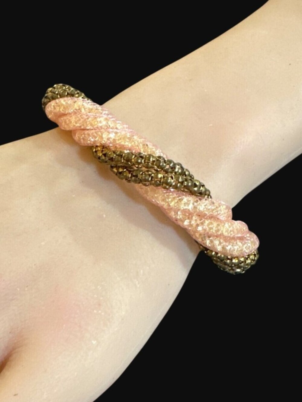Crystal Mesh Tube Bracelet Pink Gold Tone Magnetic Closure Glitz Womens Jewelry